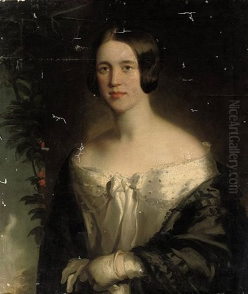 Portrait Of A Lady In A White Dress And Black Shawl Oil Painting by Isaac F. Bird