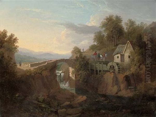A Wooded Hilly River Landscape With A Watermill, And Figures And A Horse And Cart Beyond Oil Painting by John, (of Liverpool) Bird