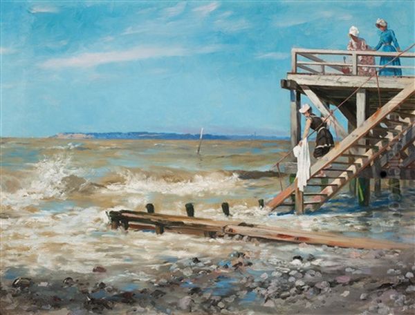 Badbrygga Vid Stranden Av Engelska Kanalen (jetty On The Beach Of The English Channel) Oil Painting by Hugo Birger