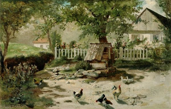 Besonntes Idyll In Einem Huhnerhof, Im Hintergrund Bluhendes Gartchen Und Haus Oil Painting by Franz Xaver Birkinger