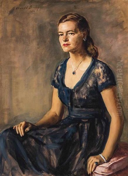 Portrait Of Pamela Woolworth, In A Blue Dress Oil Painting by Oswald Hornby J. Birley