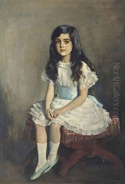 Portrait Of A Young Girl, Full-length, In A White Dress Sitting On A Red Stool Oil Painting by Oswald Hornby J. Birley