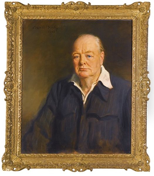 Portrait Of Sir Winston Churchill, Half Length, Wearing A Siren Suit Oil Painting by Oswald Hornby J. Birley