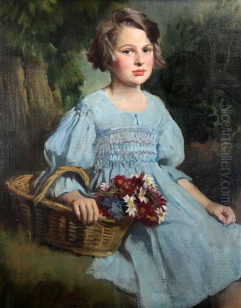 Portrait Of A Girl Wearing A Blue Dress And Holding A Basket Of Flowers Oil Painting by Oswald Hornby J. Birley