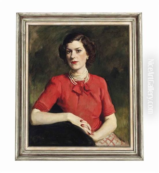 Portrait Of A Lady In A Red Pussy Bow Blouse Oil Painting by Oswald Hornby J. Birley