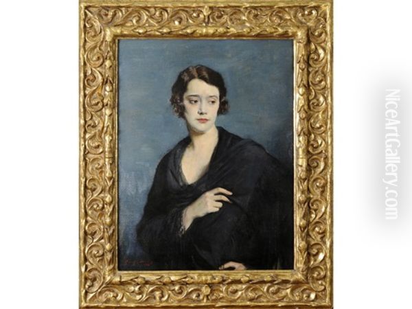 Portrait Of Lady Wearing A Black Shawl Oil Painting by Oswald Hornby J. Birley