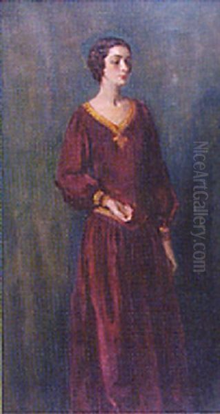 Portrait Of Artist's Wife In Red Dress Oil Painting by Oswald Hornby J. Birley
