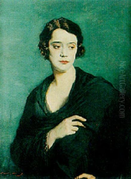 A Portrait, Bust Lenght, Of A Lady Wearing A Black Shawl Oil Painting by Oswald Hornby J. Birley