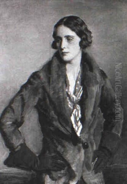 The Lady With The Green Gloves - Portrait Of Lady           Nunburnholme Oil Painting by Oswald Hornby J. Birley