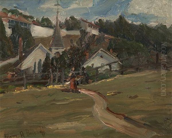Woman On A Path Through A Normandy Village Oil Painting by Franz Arthur Bischoff