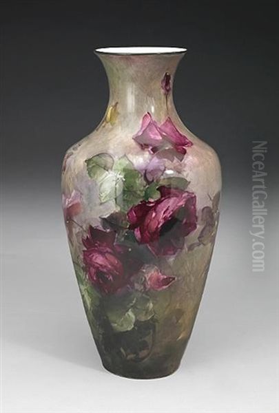 Vase With Red, Pink And Yellow Roses Oil Painting by Franz Arthur Bischoff