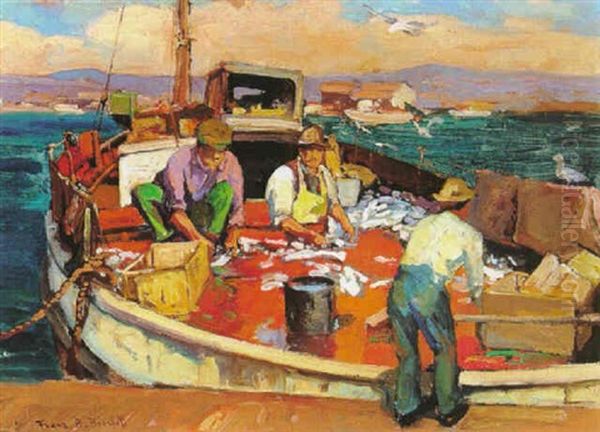 Fishermen At San Pedro Harbor Oil Painting by Franz Arthur Bischoff