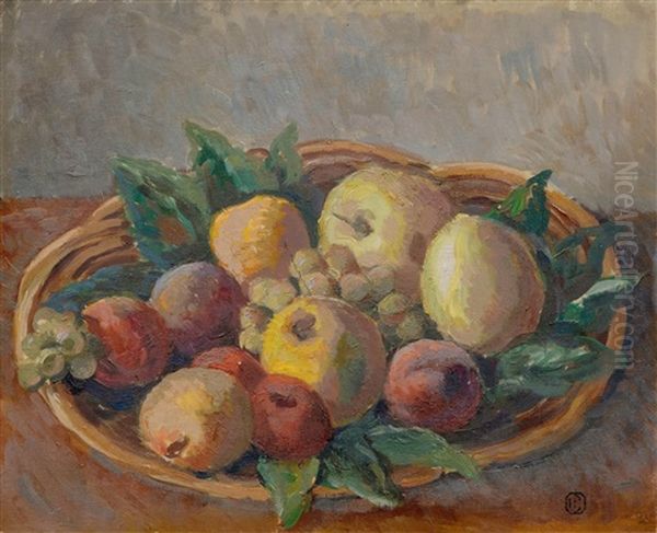 Two Still-lifes: Apples In A Basket / Apples And Plums On A Table Top Oil Painting by Henry Bischoff
