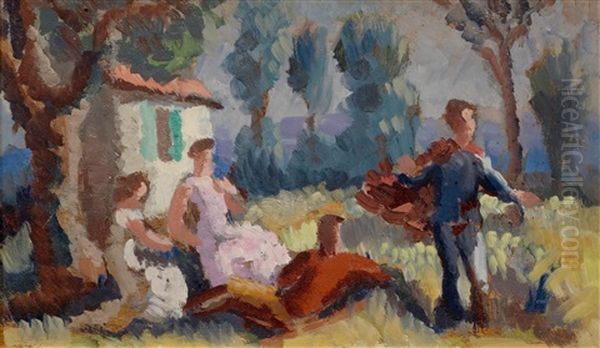 Four Figures In A Field Oil Painting by Henry Bischoff