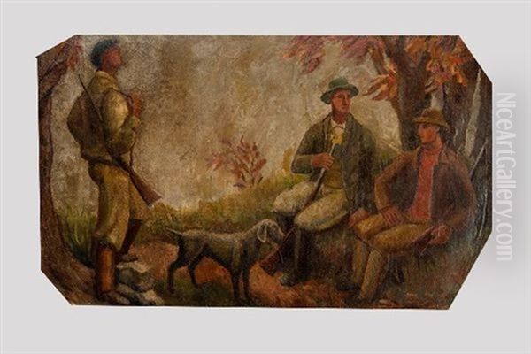 Trois Chasseurs Et Leur Chien Au Repos Oil Painting by Henry Bischoff