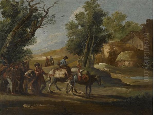 A Landscape With Travellers And A Landscape With Soldiers (pair) Oil Painting by Giuseppe Bernardino Bison
