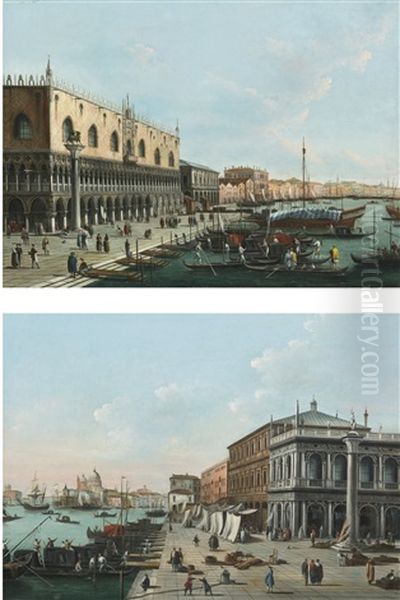 Venice, A View Of The Riva Degli Schiavoni Looking East And Venice, A View Of The Molo Looking West (pair) Oil Painting by Giuseppe Bernardino Bison