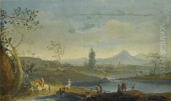Weite Flusslandschaft Mit Reisenden Und Stadt Oil Painting by Giuseppe Bernardino Bison