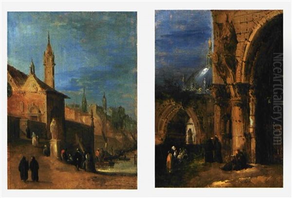 Scena Di Porto (+ Frati All'ingresso Di Una Cattedrale; 2 Works) Oil Painting by Giuseppe Bernardino Bison