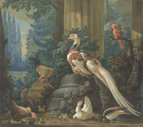 A Silver Pheasant And Other Exotic Birds Amongst Classical Ruins Oil Painting by Abraham Bisschop Dordrecht