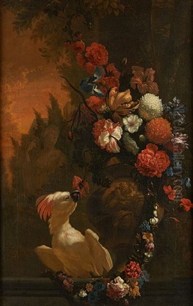 Perroquet Sur Fond De Paysage Architectural Avec Bouquet Fleuri En Avant-plan Oil Painting by Abraham Bisschop Dordrecht