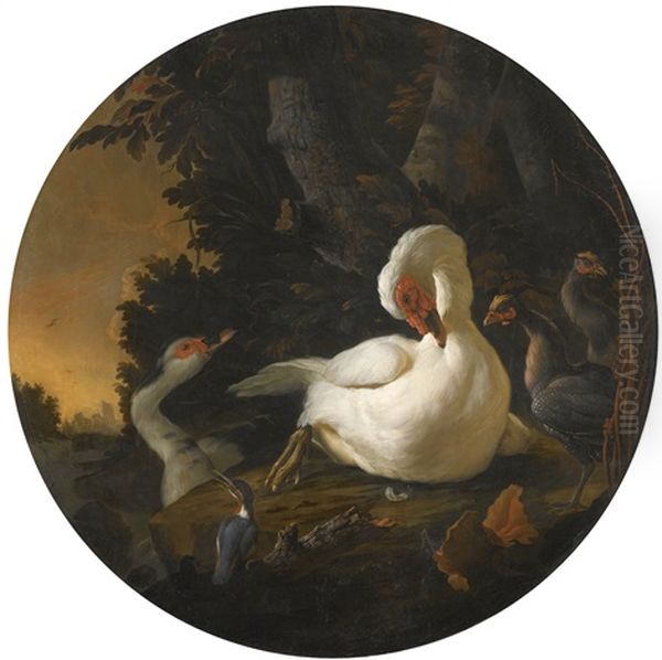 A Mute Swan, A Goose, And Other Fowl On A Wooded River Bank Oil Painting by Abraham Bisschop Dordrecht