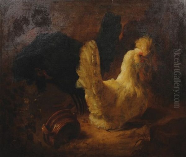 Poultry In A Landscape With An Earthenware Container In The Foreground Oil Painting by Abraham Bisschop Dordrecht