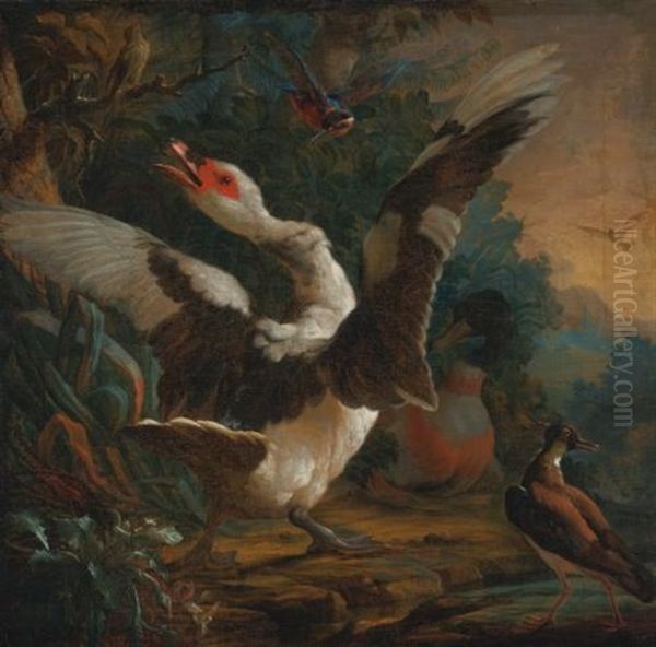 A Goose, A Kingsfisher, And Other Birds In A Landscape Oil Painting by Abraham Bisschop Dordrecht
