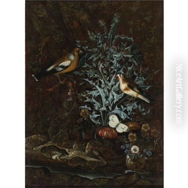 Still Life Of A Chicken, A Turkey, A Pheasant And A Goat In An Extensive Classical Landscape Oil Painting by Abraham Bisschop Dordrecht