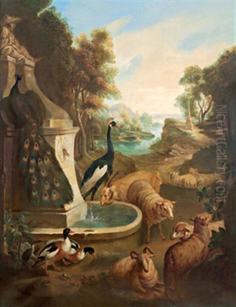 Flusslandschaft Mit Einem Pfauenpaar, Schafen Und Enten An Einem Brunnen Oil Painting by Abraham Bisschop Dordrecht