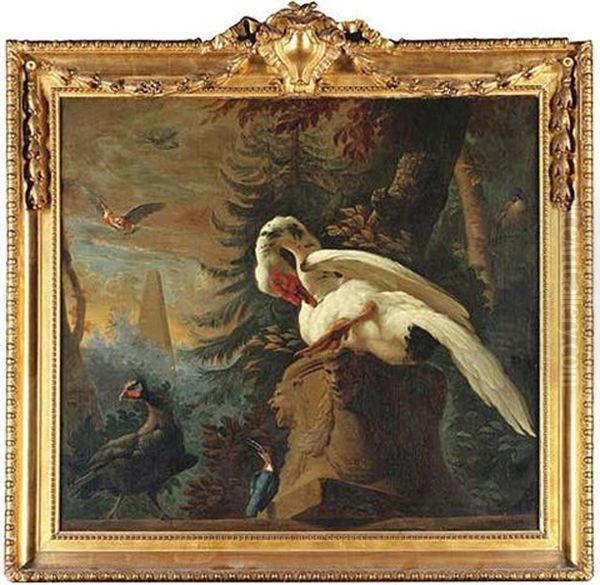 A Classical Wooded Landscape With A Muscovy Duck, A Guinea Fowl And A Kingfisher Oil Painting by Abraham Bisschop Dordrecht