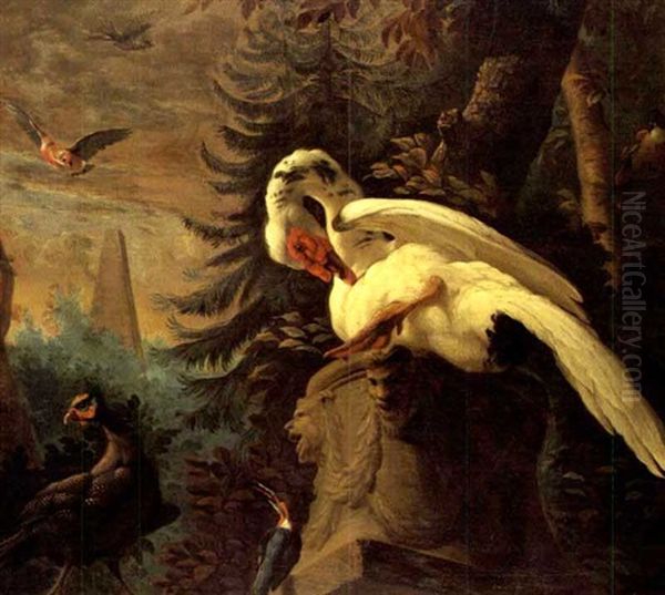 Trumpeter Swan With A Kingfisher And Other Birds In A Landscape Oil Painting by Abraham Bisschop Dordrecht