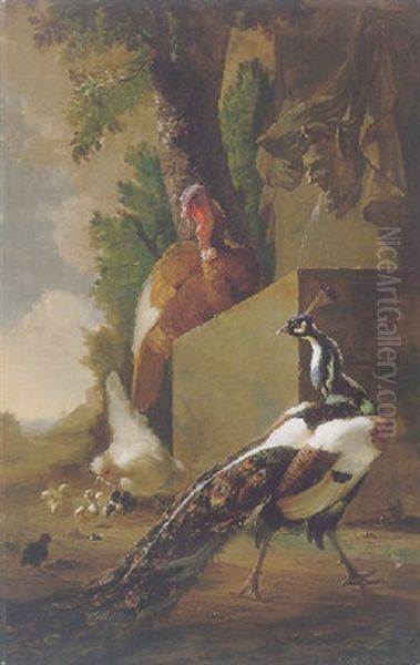 A Peacock, Turkey And Chicken With Her Chicks Beside A Classical Fountain, A Landscape Beyond Oil Painting by Abraham Bisschop Dordrecht