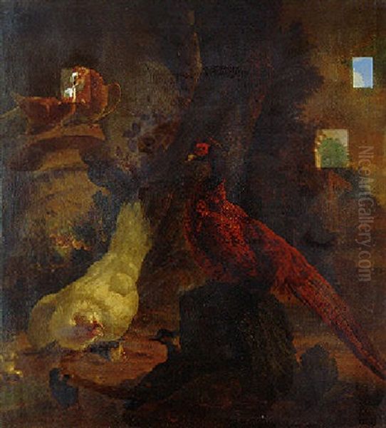 A Peacock, Pigeons And Chickens In A Landscape Oil Painting by Abraham Bisschop Dordrecht