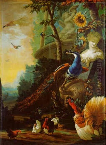 A Peacock On A Fallen Vase By A Marble Female Bust Beside A Stone Fountain And Poultry In A Mountainous Landscape Oil Painting by Abraham Bisschop Dordrecht