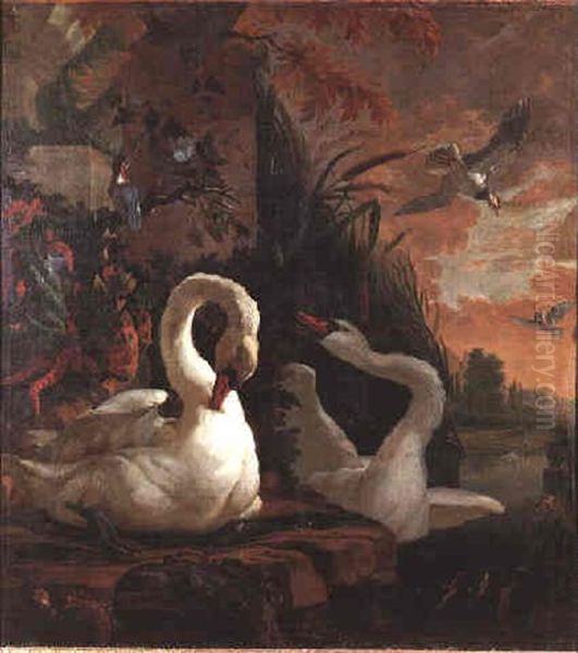 A Mute Swan Preening Itself On The Edge Of A Pond, Whilst Its Companion Regards A Kingfisher Perched On A Bough Above Oil Painting by Abraham Bisschop Dordrecht