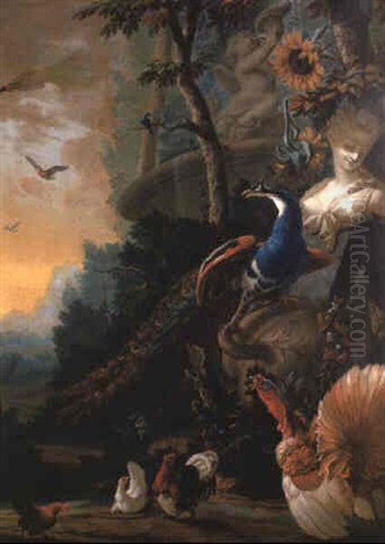 A Peacock On A Fallen Vase Beside A Fountain With Game Birds In A Landscape Oil Painting by Abraham Bisschop Dordrecht
