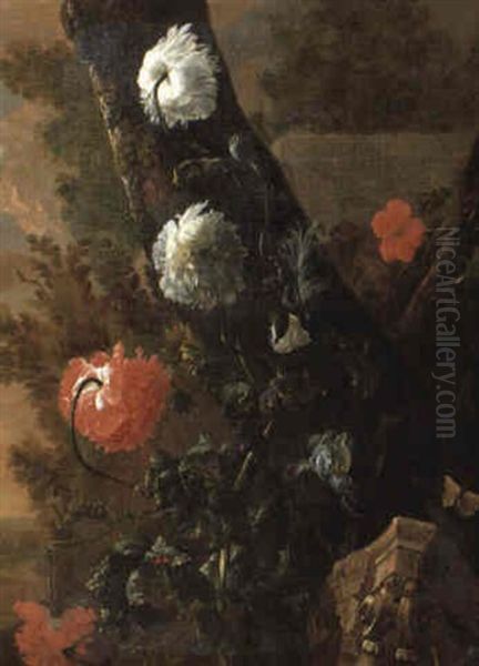 Ruined Classical Capital Among Irises And Nasturtiums Beneath A Tree Oil Painting by Abraham Bisschop Dordrecht