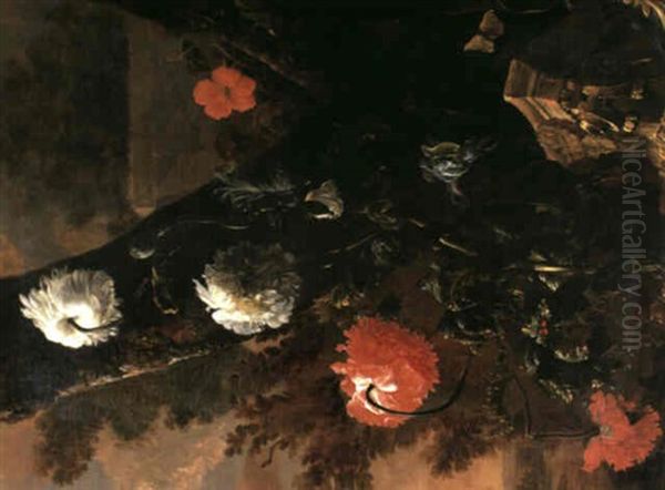 A Ruined Classical Capital Lying Amongst Irises, Poppies    And Nasturtiums Beneath A Tree Oil Painting by Abraham Bisschop Dordrecht