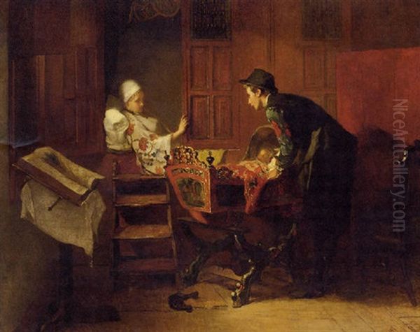 A Sunlit Hindeloopen Interior With Parents Proudly Admiring Their Newlyborn Oil Painting by Christoffel Bisschop