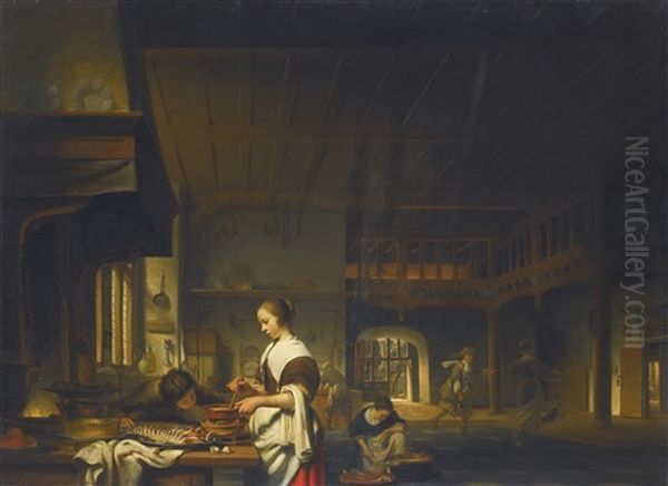 Kitchen Interior With A Woman Cooking And A Boy Blowing Flames Oil Painting by Cornelis Bisschop
