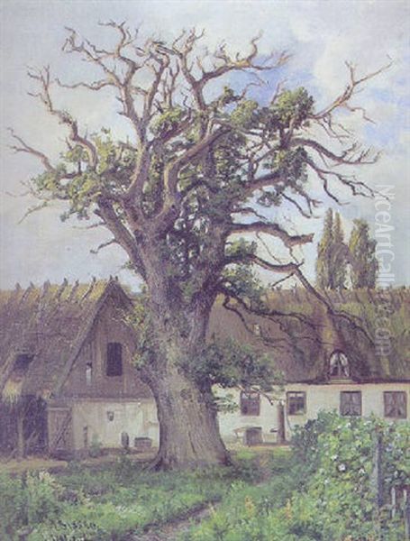 Bondegard Med Stort Gammelt Egetrae I Forgrunden Oil Painting by Rudolf Bissen