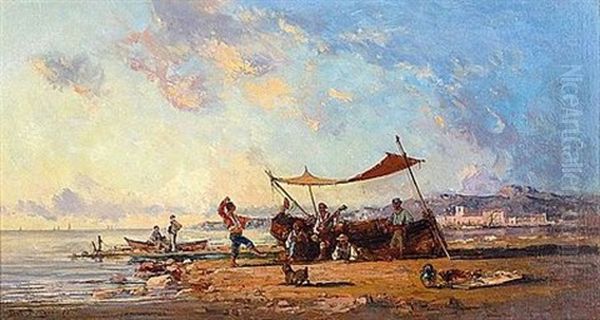Musiciens Et Danseurs Pres Des Barques De Peche Oil Painting by Paul Bistagne