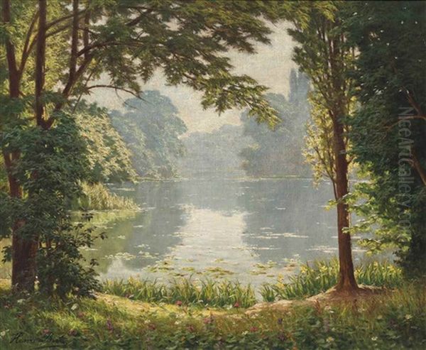 A Lake At A Forest Clearing Oil Painting by Henri Biva