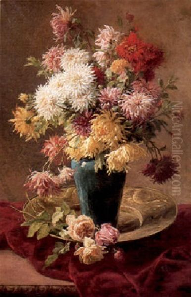 Still Life With Dahlias In A Vase And Roses On A Tabletop Oil Painting by Henri Biva