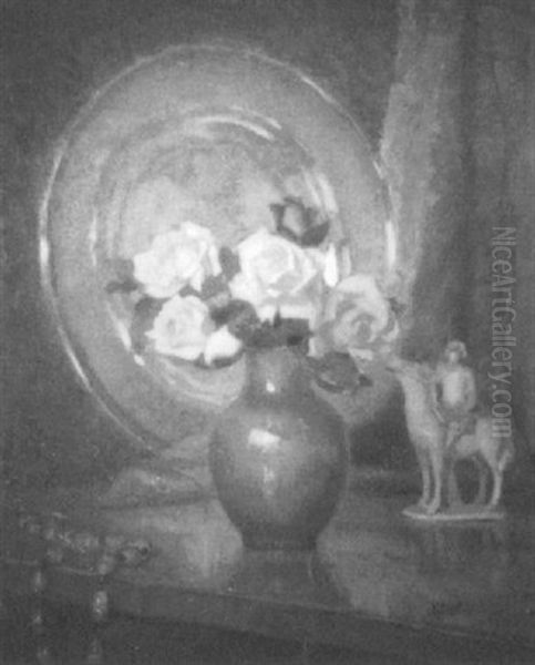 Bouquet De Roses Et Plat En Cuivre Oil Painting by Fernand Bivel