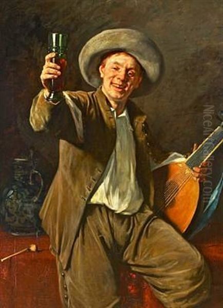 Cheers!- A Cheerful Musician With A Guitar Oil Painting by Gustaf-Oskar Bjoerk