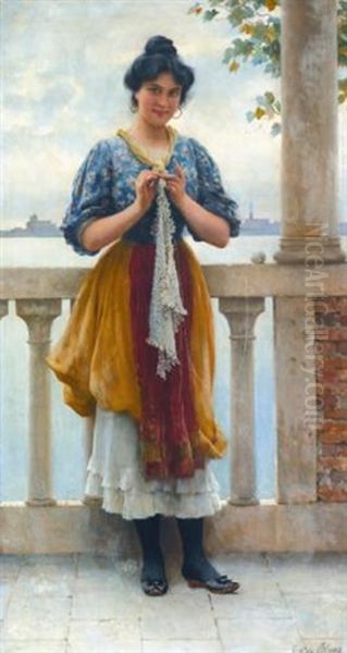 Young Girl Before The Lagoon, Venice Oil Painting by Eugen von Blaas