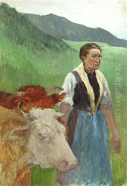 Tiroler Bauerin Mit Kuhen In Landschaft Oil Painting by Julius von Blaas