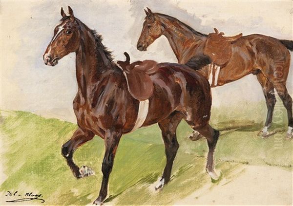 Zwei Gesattelte Pferde Oil Painting by Julius von Blaas